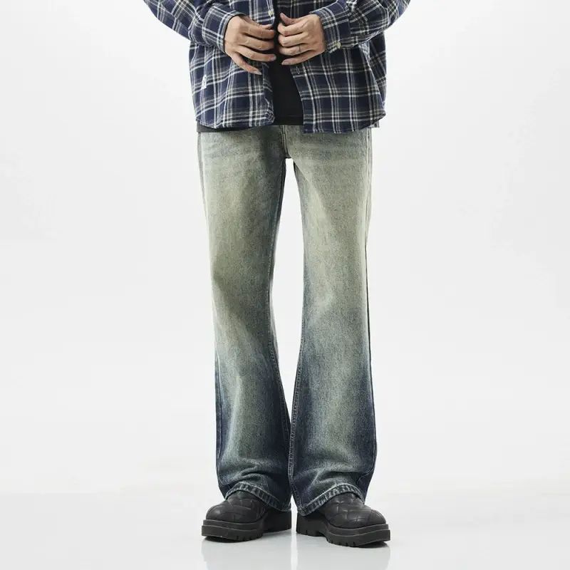 美式重工水洗微喇叭牛仔褲男潮流寬鬆藍色重工洗水百搭漸變直筒褲
