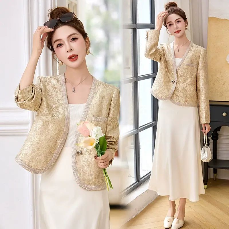 2026新款春季新款女装新中式国风提花V领气质时尚短外套 YB8855