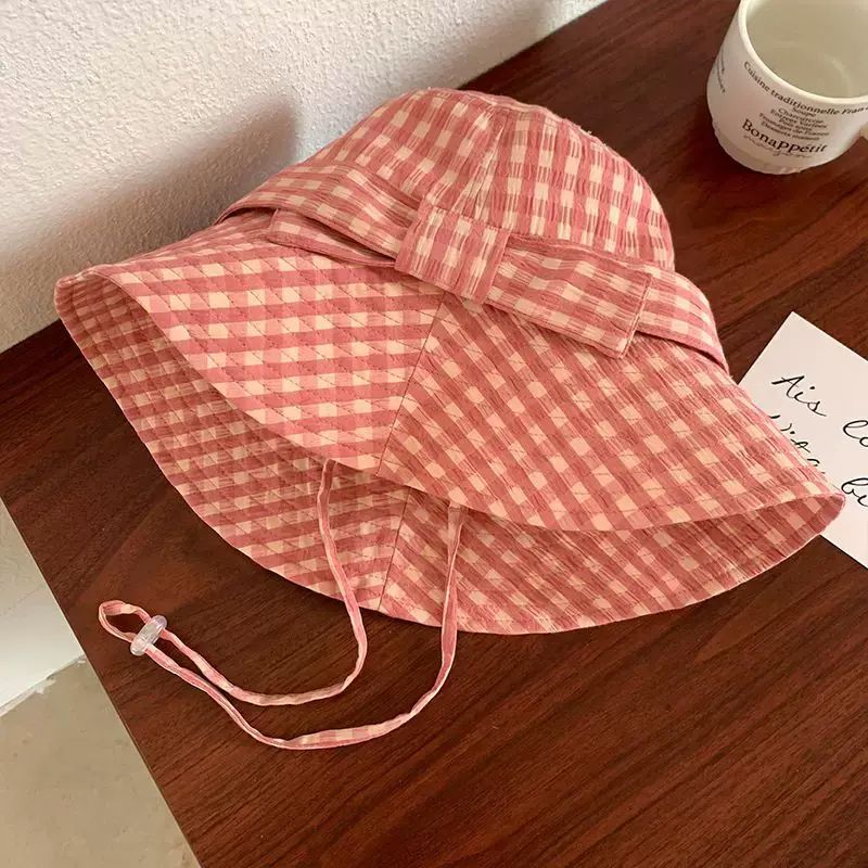 蝴蝶結格子漁夫帽女夏季小清新百搭盆帽出遊遮陽帽大帽檐顯臉小