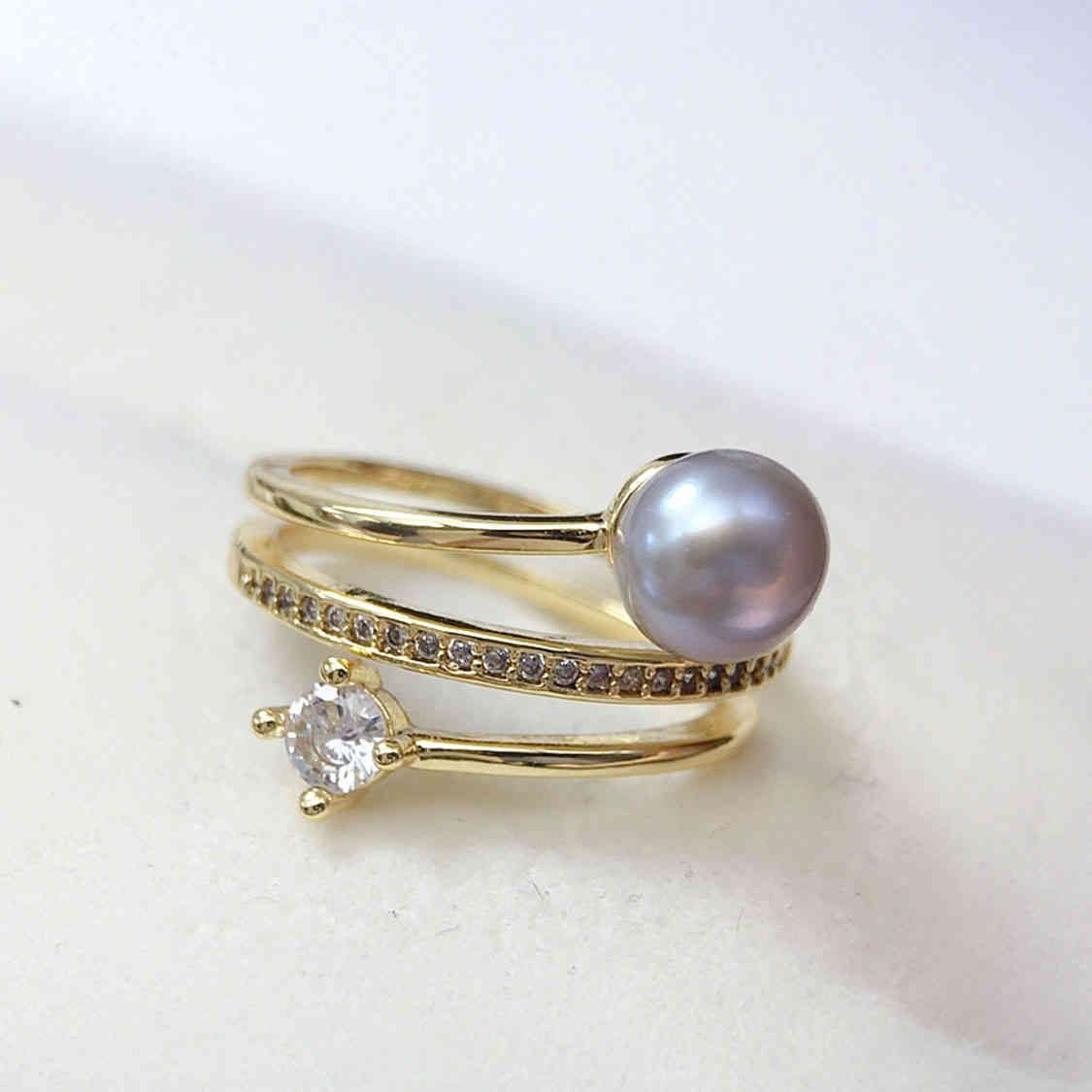 三圈淡水珍珠鋯石纏繞開口鍍金戒指[3款顏色可選](灰色)