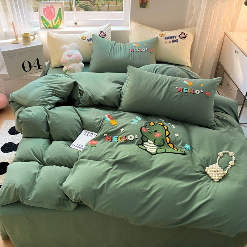 恐龍寶貝 超柔水洗棉四件套|毛巾繡四件套|純色少女心被套床單|床單款四件套|床笠款四件套|床單/床笠x1、被套x1、枕套x2（LCA468）