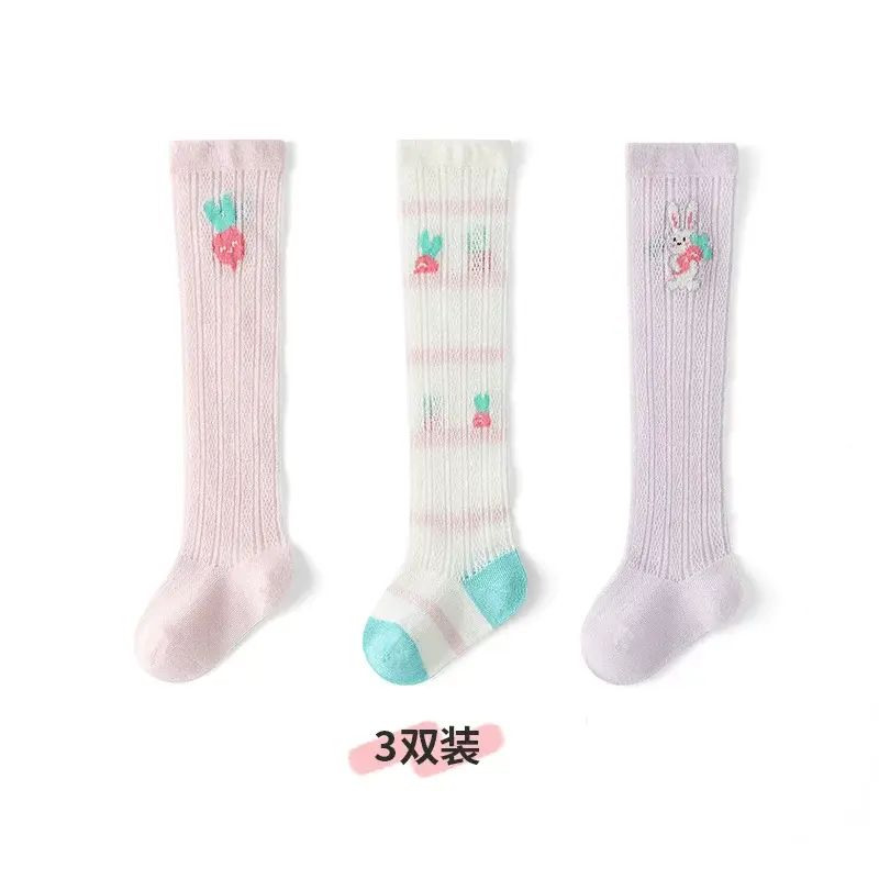 嬰兒襪子 女寶寶純棉透氣長筒襪 夏季薄款防蚊襪 6-12個月- 306E小白兔拔蘿蔔（純色無骨）3雙裝 小號10-12cm（襪標0-1歲）