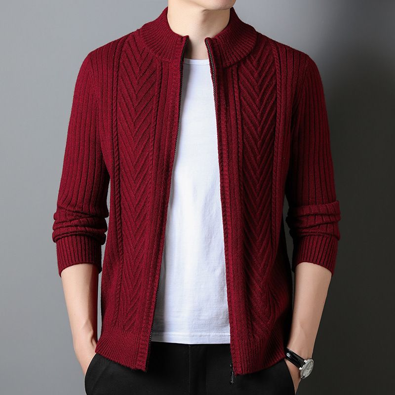 秋冬新款羊毛开衫男半高加厚长袖拉链开衫纯色打底羊毛衫毛衣外套