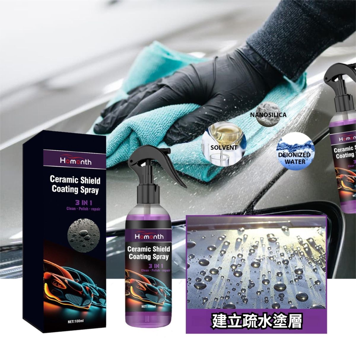 汽車鍍膜噴霧- 納米硅陶瓷塗層- 車漆養護- 去污翻新- 修復小划痕- 增亮- 塗層劑 鍍膜洗車- 清潔上光- 疏水防塵