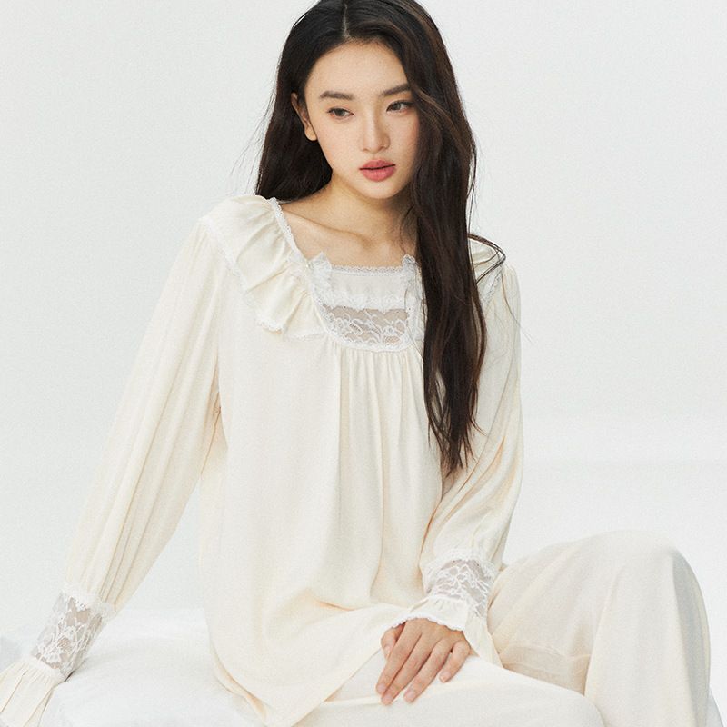 新款春秋韩版高级感薄款冰丝睡衣套装法式蕾丝长袖甜美家居服