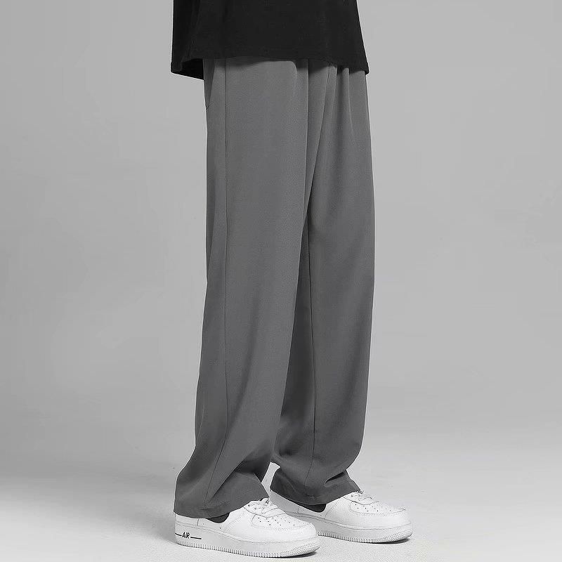 Men's Summer Thin Loose Straight Leg Wide Leg Casual Long Pants with Trendy Drape -Black M