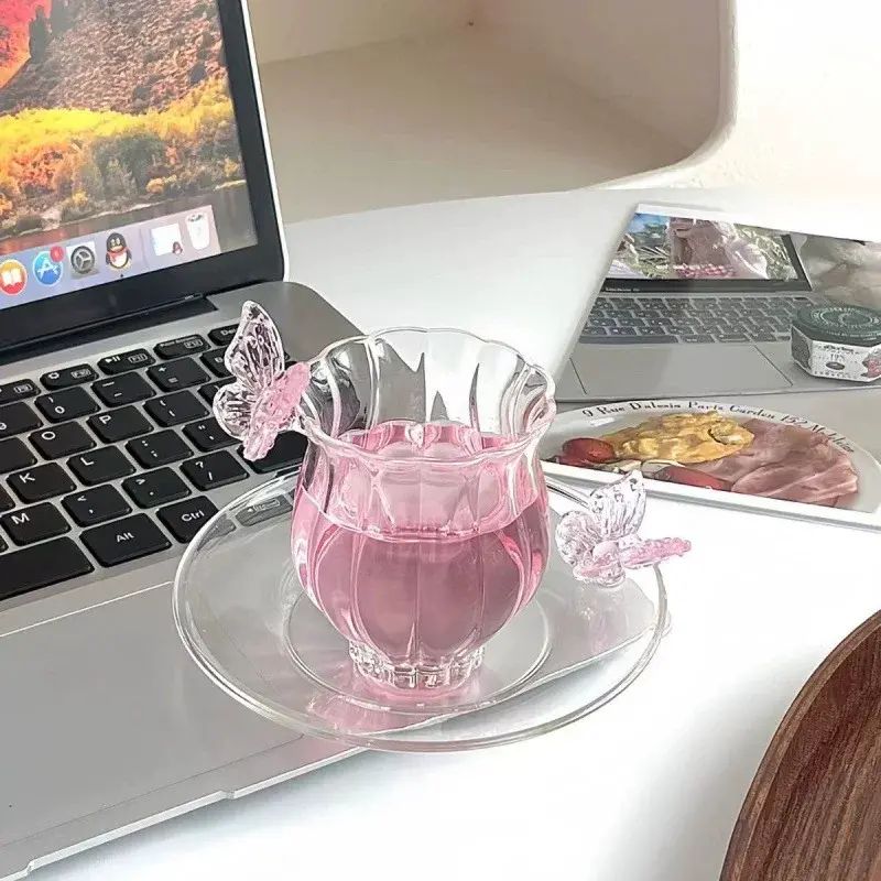 蝴蝶杯盘子套装收藏手作水仙蝴蝶杯咖啡杯创意茶杯耐热玻璃