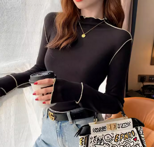 女士半高領木耳邊長袖T恤上衣（黑色均碼） 