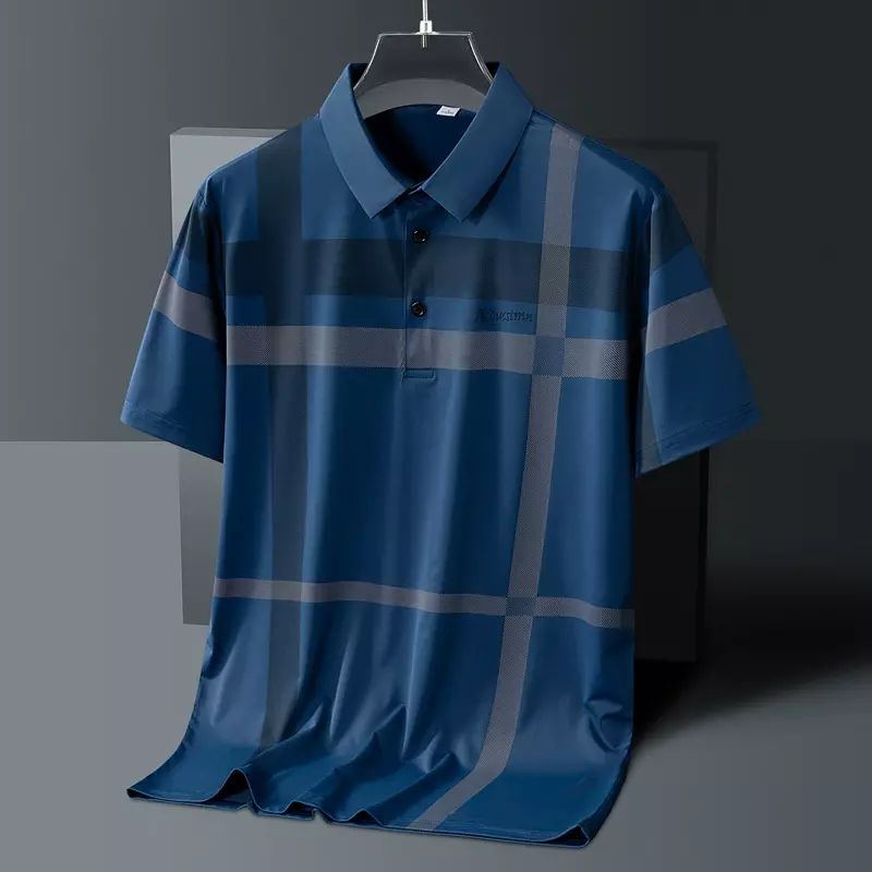 中老年格纹冰丝短袖T恤男翻领夏季爸爸装凉感透气休闲POLO衫上衣