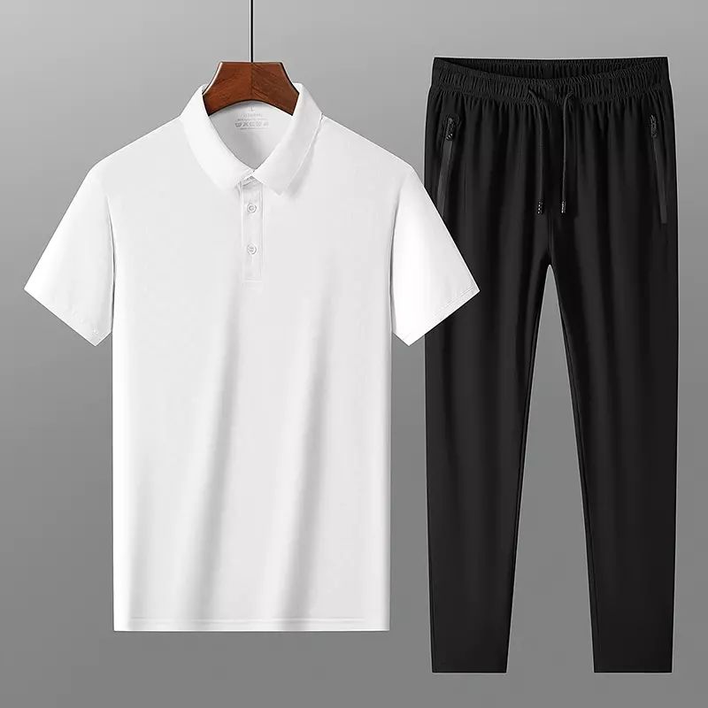冰丝休闲套装男夏季2022年新款中年运动服爸爸装POLO衫搭配两件套