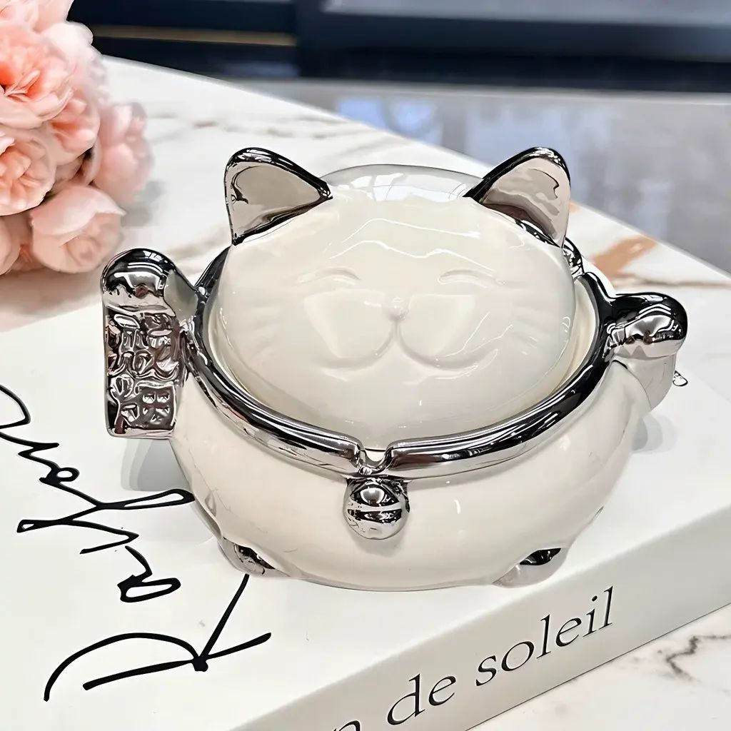 轻奢高级感陶瓷招财猫烟灰缸带盖防灰飞创意客厅家用办公室烟缸