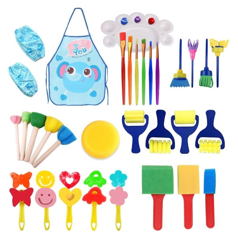 儿童绘画围裙工具32件套 - 儿童画画套装绘画工具 幼儿园DIY海绵印章画刷绘画工具美术用品-32件套（蓝色画衣）