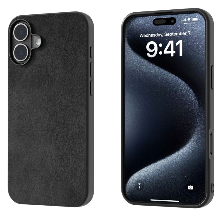 Black Frame Two-color Calf Texture PU Phone Case For iPhone 16 (Black)