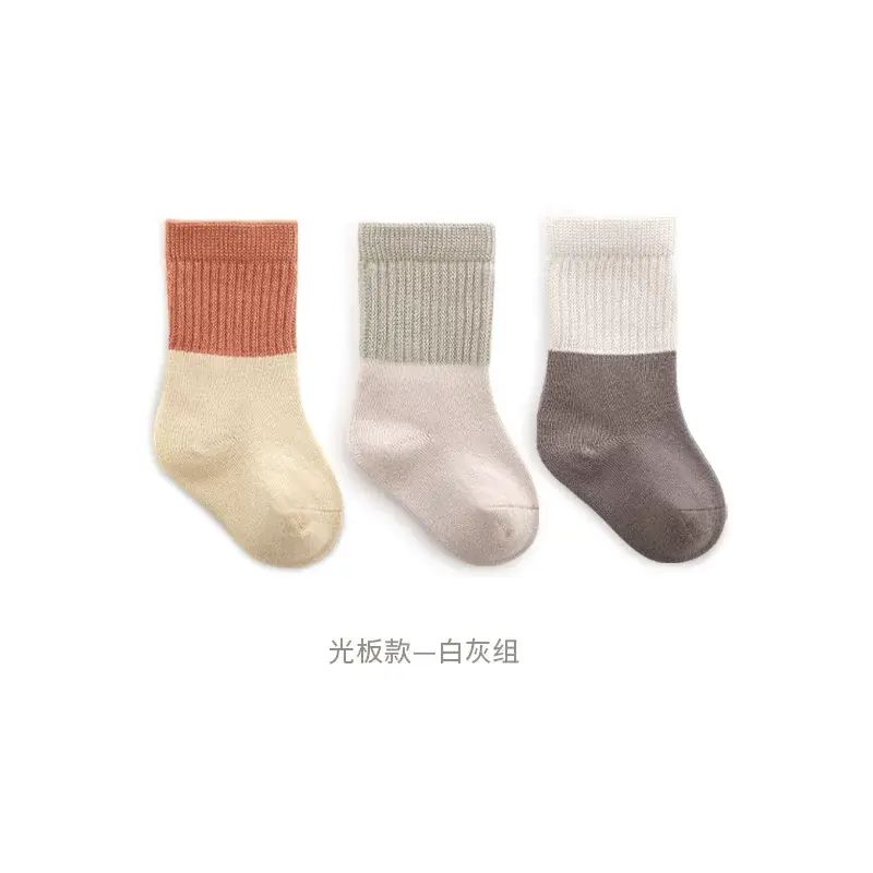 拉夏莉亞BB襪 嬰兒無骨棉襪 男女童中筒襪 春秋季透氣- 3雙裝，光板款-白灰組 1-3歲，腳長11-13cm