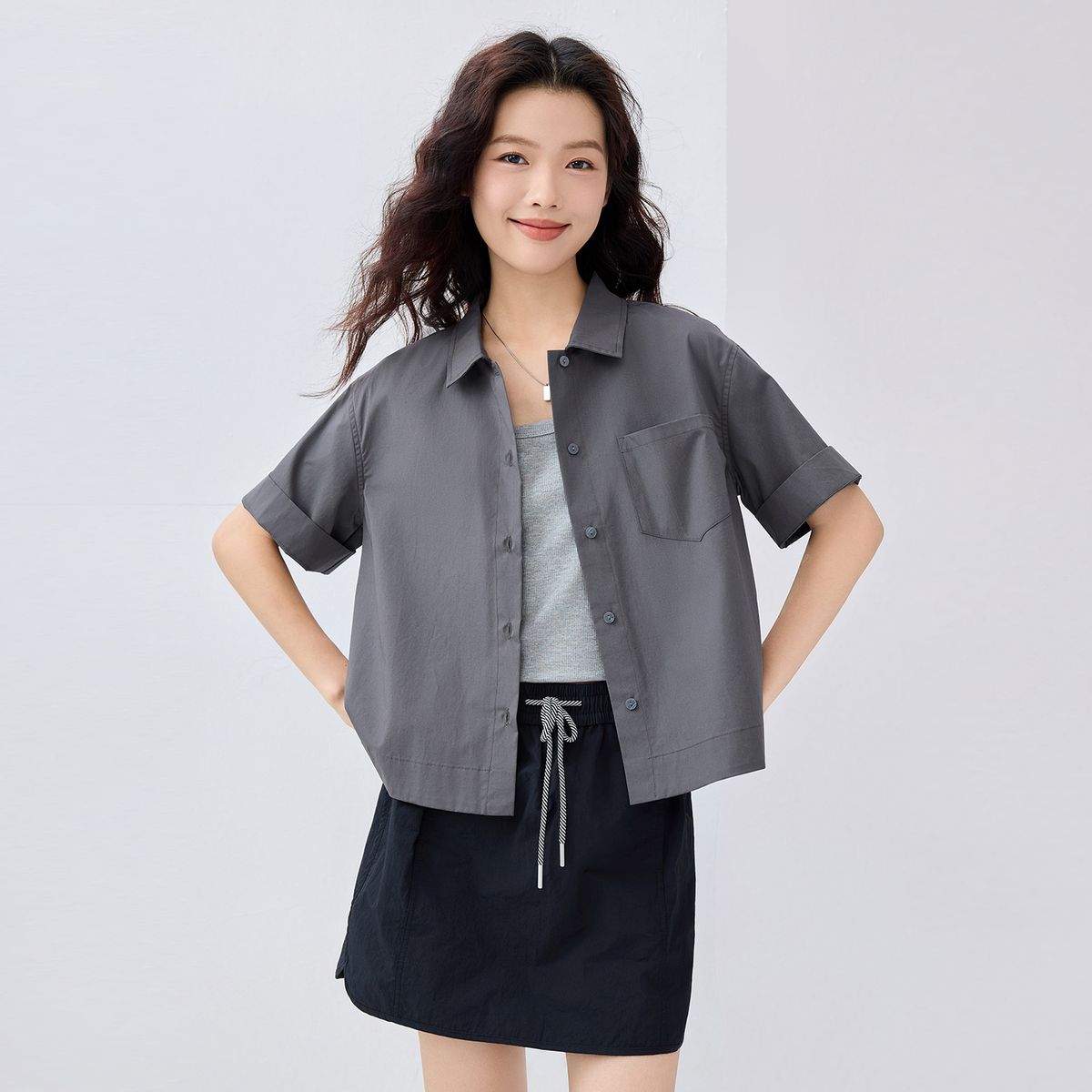 【網上獨家】BM 女裝 純棉府綢單口袋寬鬆短袖裇衫 (L碼)