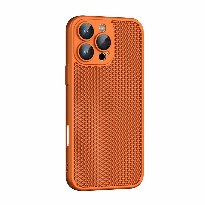 网格散热自带镜头膜适用苹果16/15promax手机壳14Pro硬壳13超薄11pro透气12自带镜头膜全包15-橙色 iPhone 15 Pro