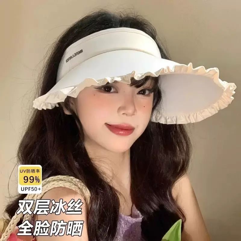 顯臉小帽女款UV冰絲空頂帽加大簷防紫外線遮陽帽太陽帽子夏季