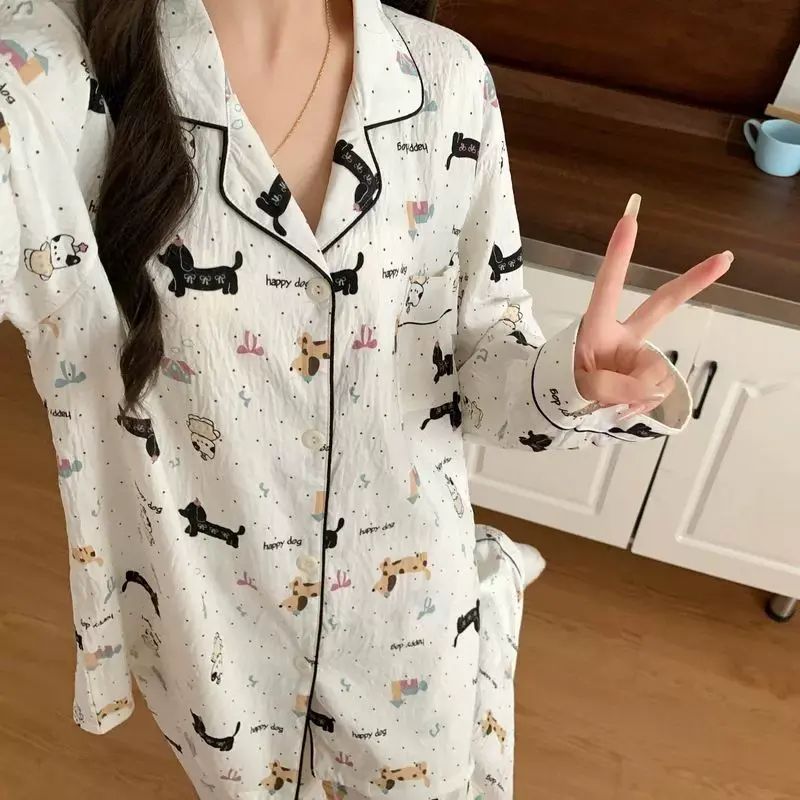 帶胸墊大碼睡衣女春秋季長袖甜美少女士多啤梨條紋家居服套裝