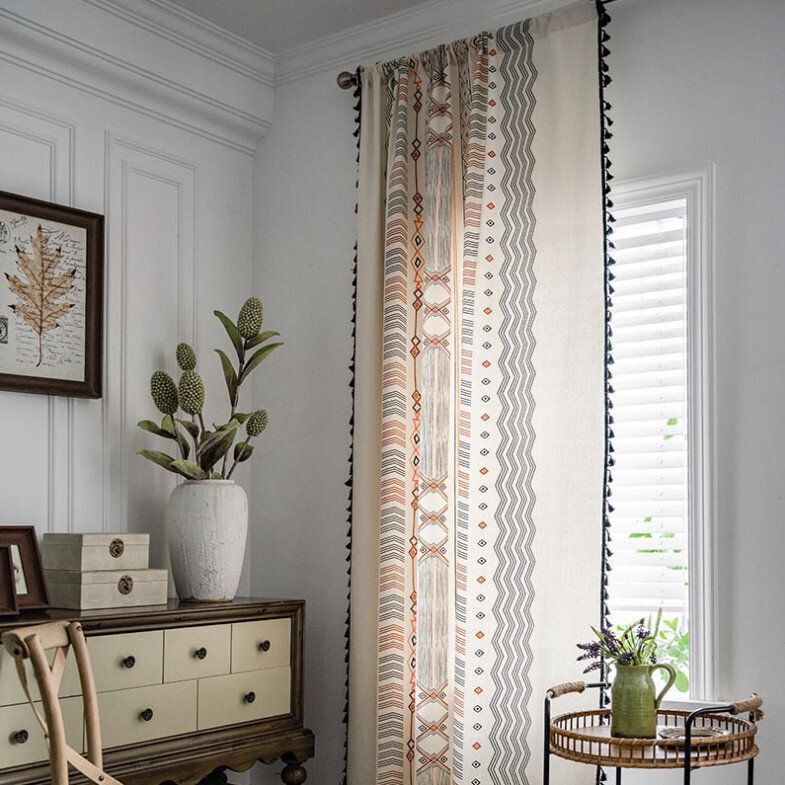 復古田園窗簾(寬150*高240cm（780g））(穿桿-部落風黑色流蘇窗簾)