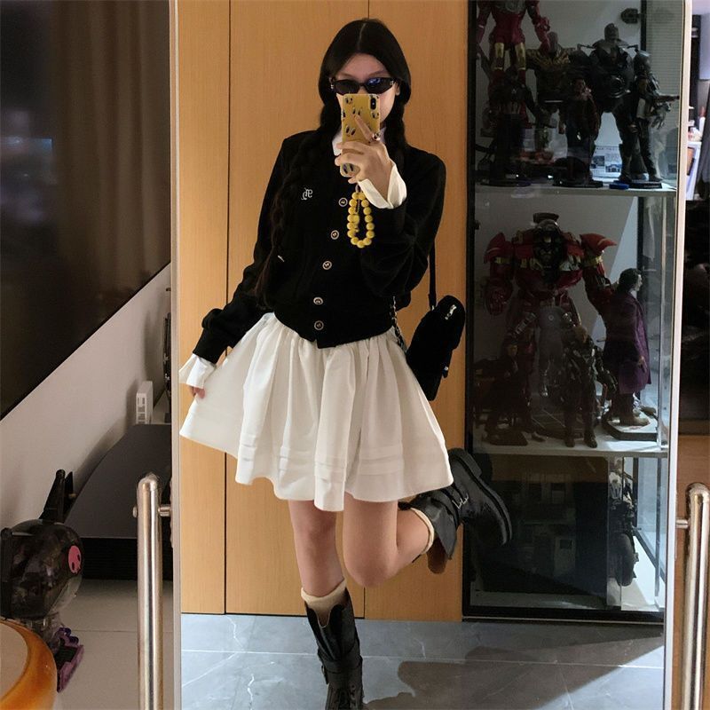 韩版甜酷时尚慵懒风假两件针织开衫外套女学生+白色半身裙两件套-假两件针织开衫 S（75-90）