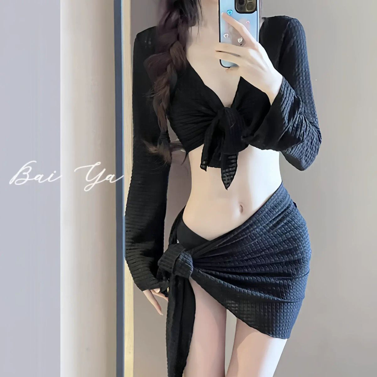 Swimsuit Bikini Long-sleeve Sun Protection Set for Women New Four-piece Set Premium Slimming
