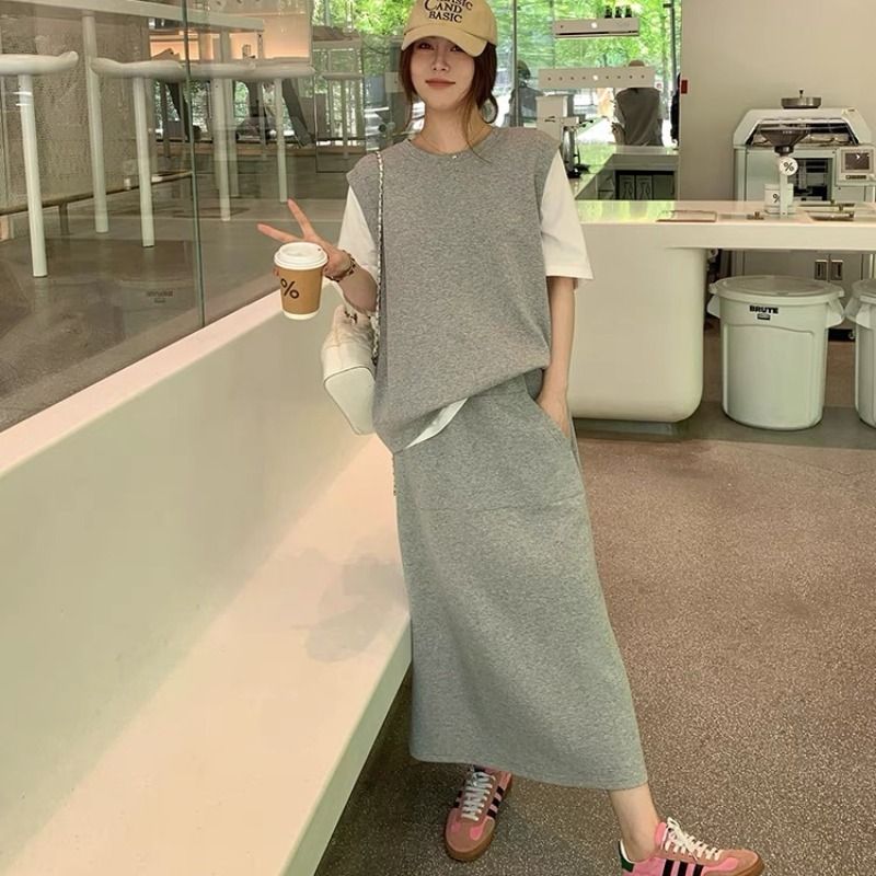 大碼夏季新款假兩件短袖上衣半裙胖mm韓系運動休閒套裝女-灰色 均碼
