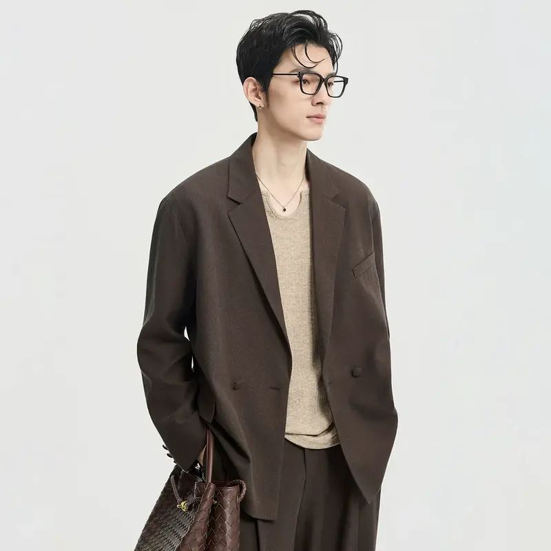 高級感亞麻老錢風伯爵卓爾26春秋季休閒西裝男雙排扣單西通勤大褸-劍橋棕 S-款式1