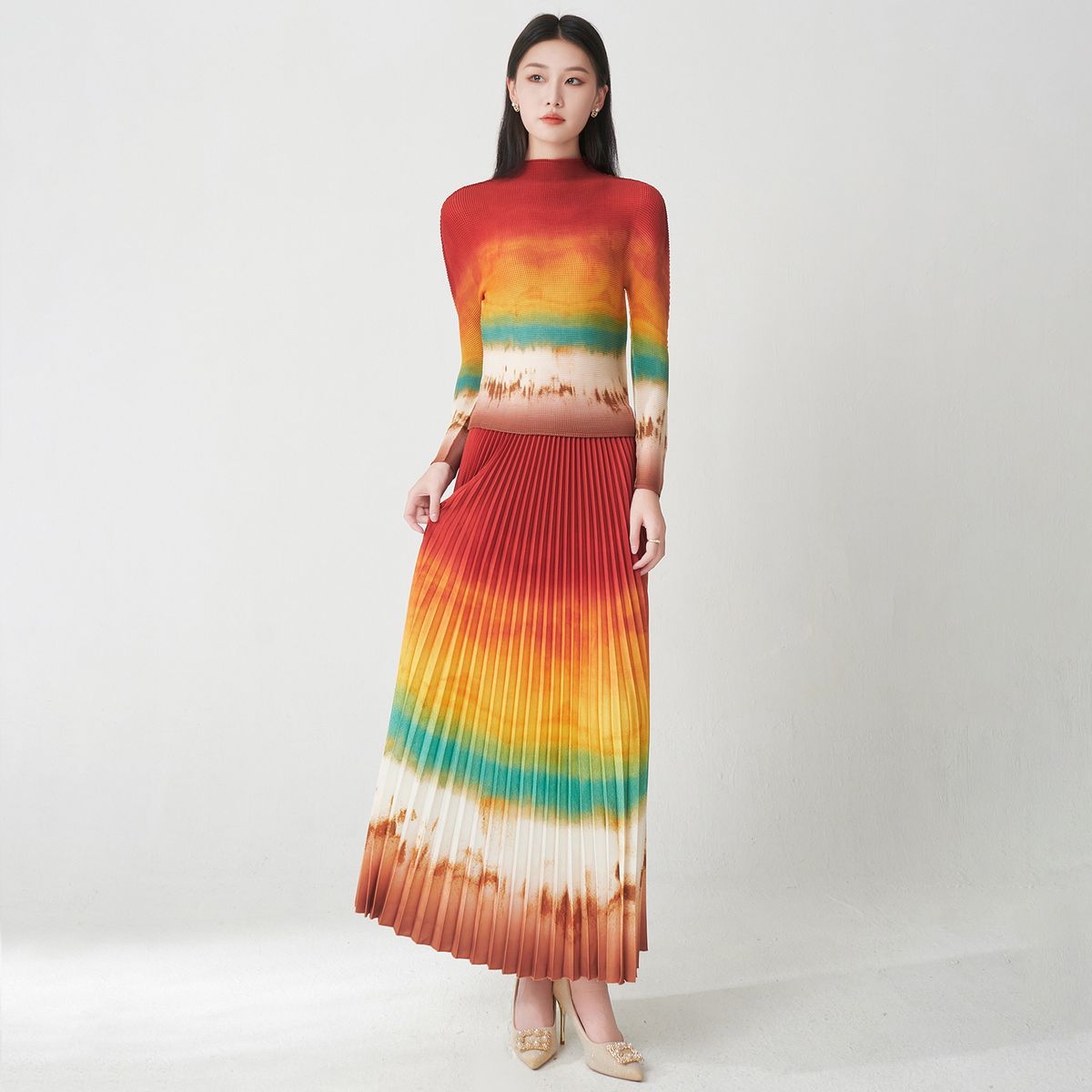 秋季三宅套裝女裝高級感漸變修身長袖上衣百褶半身裙時尚兩件套潮