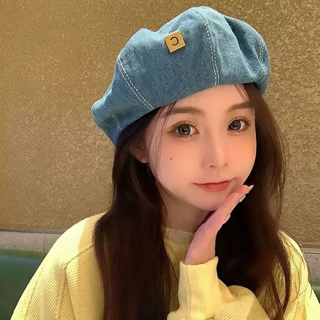 愛心牛仔貝雷帽女春夏季韓版顯臉小百搭蓓蕾畫家帽日系大頭圍帽