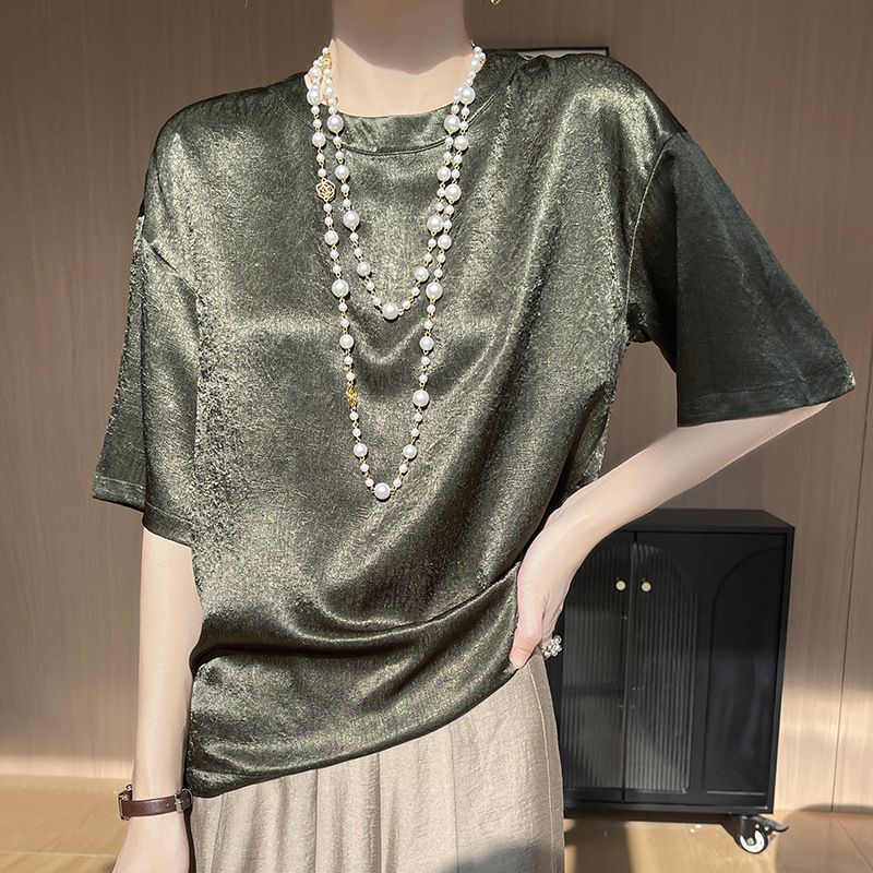 醋酸缎面夏季新款女装圆领短款时尚T恤薄款打底衫减龄短袖上衣