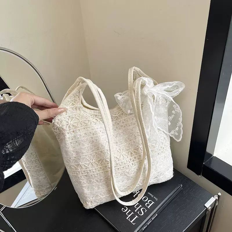 仙氣蕾絲網紗腋下單肩袋包女夏季新款休閒度假編織大容量托特女裝手袋