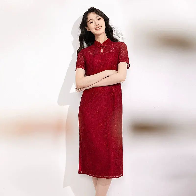 黛瑪詩顯瘦花裙子夏季優雅精緻蕾絲旗袍連身裙國風紅色婚宴禮服女-紅色 L