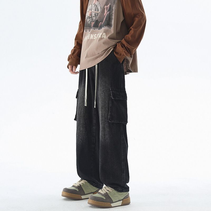 Men's multi pocket work pants, men's ins loose and versatile drawstring straight leg jeans