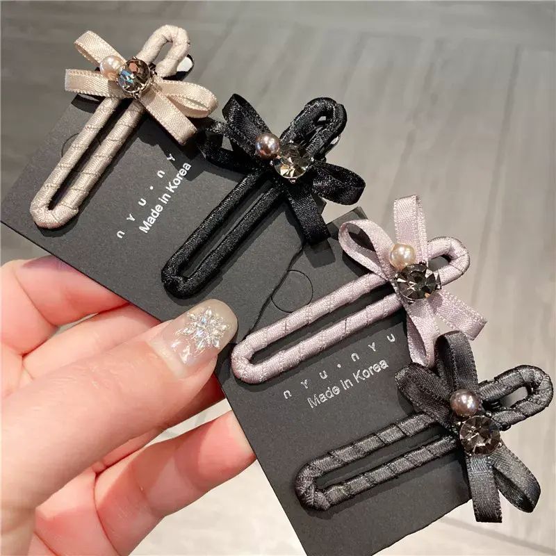 Korean Style Satin Ribbon Bow Duckbill Clip - Pearl Rhinestone