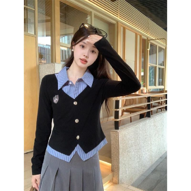 Original Version College Style Women's Pseudo Two-Piece POLO Collared Long-Sl-Black two-piece suit S
